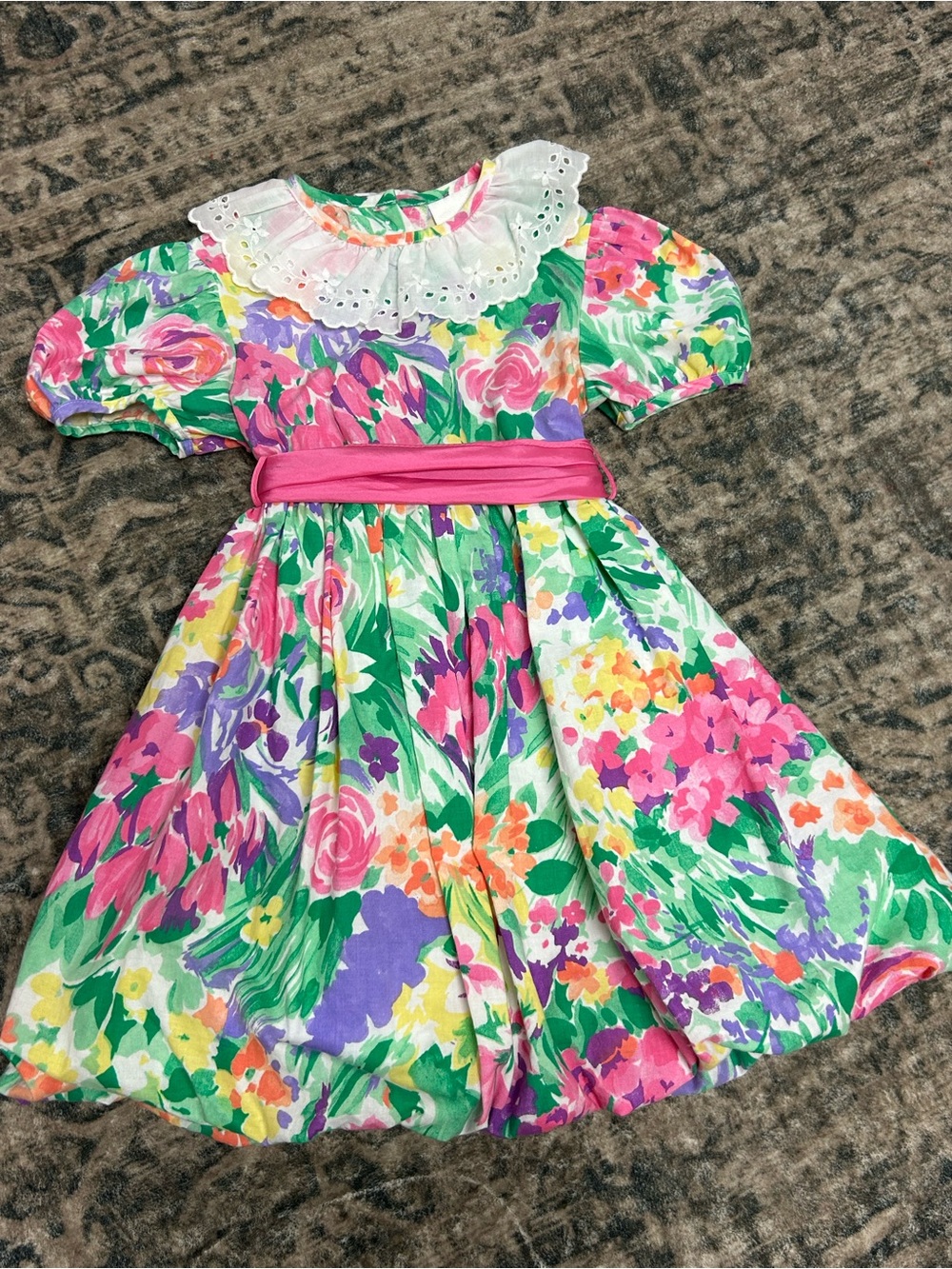 Abella White Eyelet Dress with Pink, Green & Purple Floral Accents